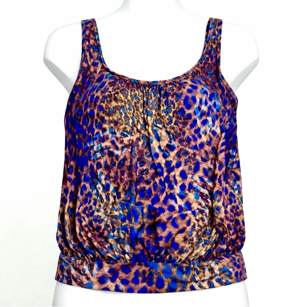 Sea Level Swim Blouson Tankini Top Sz 6 Leopard Print Scoop Neck Blue Teal Brown